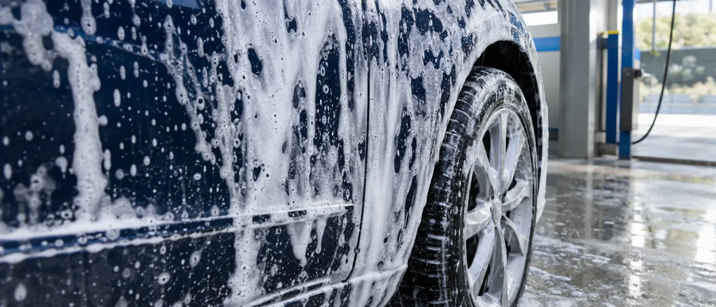 Gusta aktivna pjena na karoseriji automobila u autopraonici